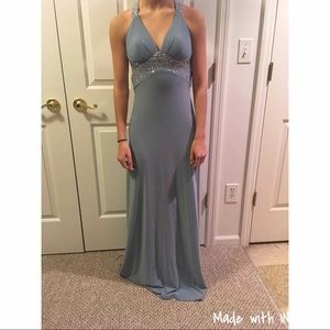 Long blue open back dress